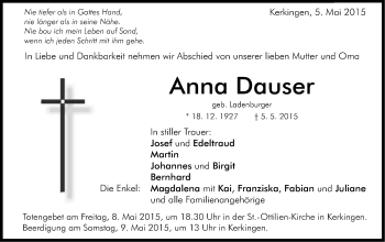 Traueranzeige von Anna Dauser von Schwäbische Post