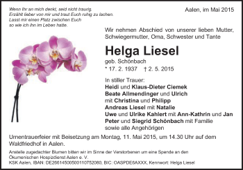 Traueranzeige von Helga Liesel von Schwäbische Post