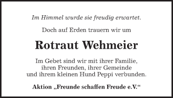Traueranzeige von Rotraut Wehmeier von Schwäbische Post