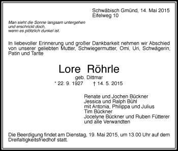 Traueranzeige von Lore Röhrle von Gmünder Tagespost