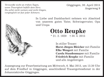 Traueranzeige von Otto Reupke von Gmünder Tagespost