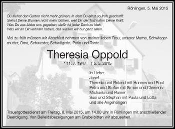 Traueranzeige von Theresia Oppold von Schwäbische Post