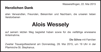 Traueranzeige von Alois Wessely von Schwäbische Post