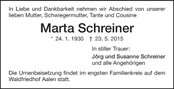 Traueranzeige von Marta Schreiner von Schwäbische Post