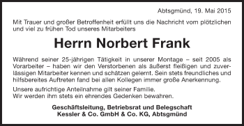 Traueranzeige von Norbert Frank von Schwäbische Post