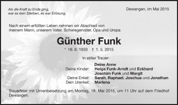 Traueranzeige von Günther Funk von Schwäbische Post