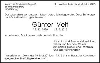 Traueranzeige von Günter Veit von Gmünder Tagespost