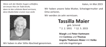 Traueranzeige von Tassilla Maier von Schwäbische Post