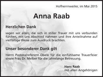 Traueranzeige von Anna Raab von Schwäbische Post