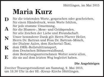 Traueranzeige von Maria Kurz von Schwäbische Post