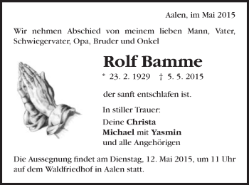 Traueranzeige von Rolf Bamme von Schwäbische Post