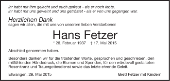 Traueranzeige von Hans Fetzer von Schwäbische Post