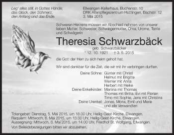 Traueranzeige von Theresia Schwarzbäck von Schwäbische Post
