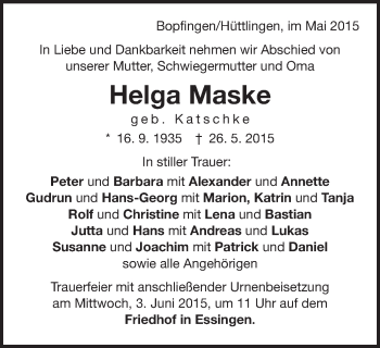 Traueranzeige von Helga Maske von Schwäbische Post