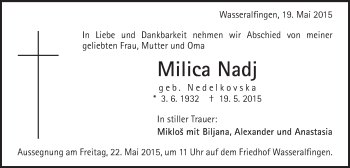 Traueranzeige von Milica Nadj von Schwäbische Post