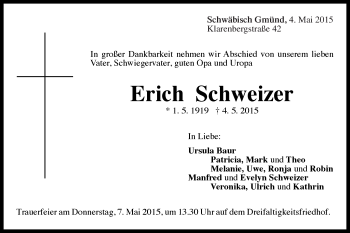 Traueranzeige von Erich Schweizer von Gmünder Tagespost