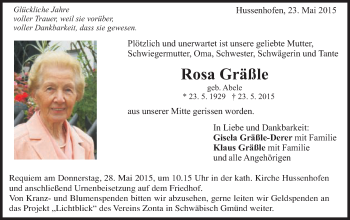 Traueranzeige von Rosa Gräßle von Gmünder Tagespost