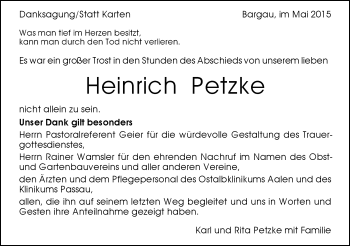 Traueranzeige von Heinrich Petzke von Gmünder Tagespost