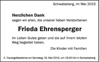 Traueranzeige von Frieda Ehrensperger von Schwäbische Post