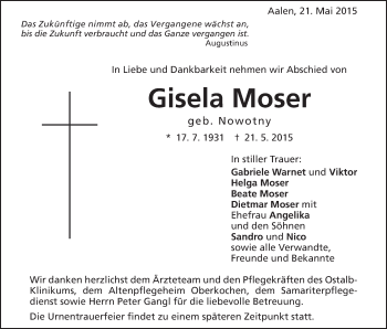 Traueranzeige von Gisela Moser von Schwäbische Post