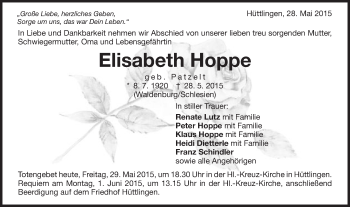 Traueranzeige von Elisabeth Hoppe von Schwäbische Post