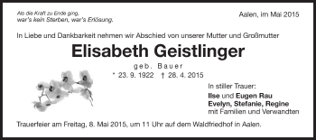 Traueranzeige von Elisabeth Geistlinger von Schwäbische Post