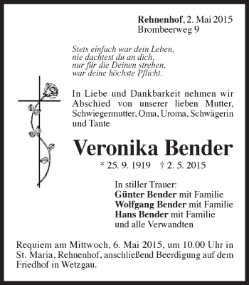 Traueranzeige von Veronika Bender von Gmünder Tagespost
