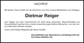 Traueranzeige von Dietmar Reiger von Schwäbische Post