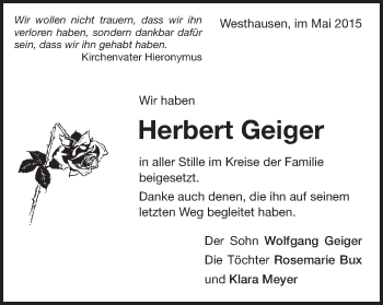 Traueranzeige von Herbert Geiger von Schwäbische Post