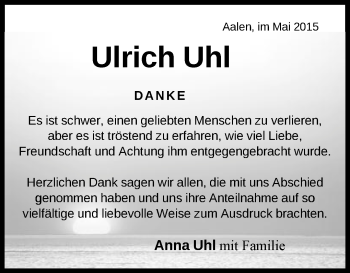 Traueranzeige von Ulrich Uhl von Schwäbische Post