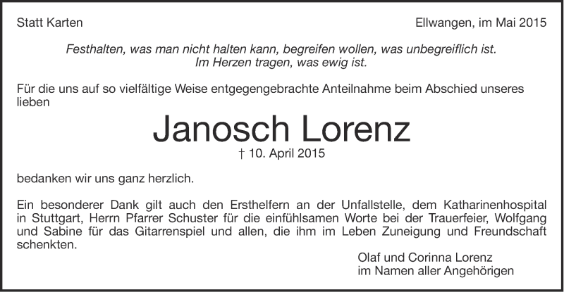  Traueranzeige für Janosch Lorenz vom 02.05.2015 aus Schwäbische Post