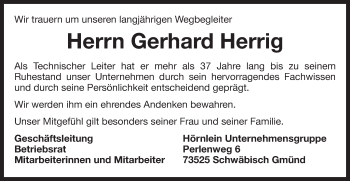 Traueranzeige von Gerhard Herrig von Gmünder Tagespost