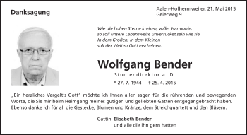 Traueranzeige von Wolfgang Bender von Schwäbische Post