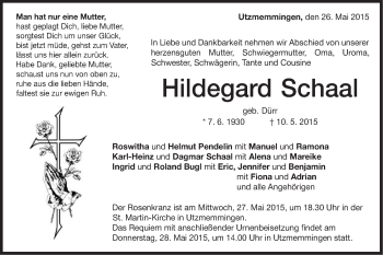 Traueranzeige von Hildegard Schaal von Schwäbische Post