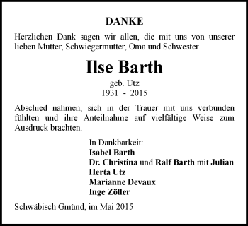 Traueranzeige von Ilse Barth von Gmünder Tagespost