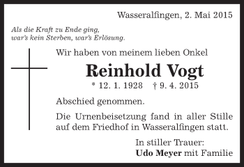 Traueranzeige von Reinhold Vogt von Schwäbische Post