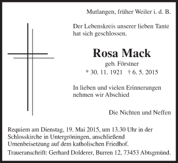 Traueranzeige von Rosa Mack von Gmünder Tagespost
