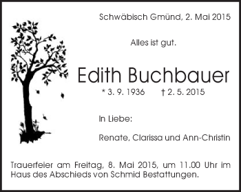 Traueranzeige von Edith Buchbauer von Gmünder Tagespost