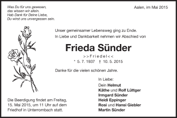 Traueranzeige von Frieda Sünder von Schwäbische Post