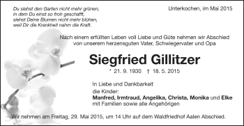Traueranzeige von Siegfried Gillitzer von Schwäbische Post