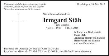 Traueranzeige von Irmgard Stäb von Gmünder Tagespost
