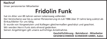 Traueranzeige von Fridolin Funk von Schwäbische Post