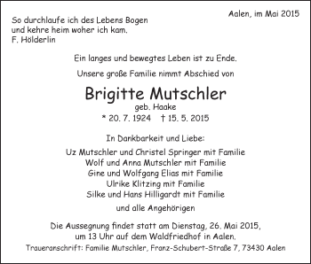 Traueranzeige von Brigitte Mutschler von Schwäbische Post