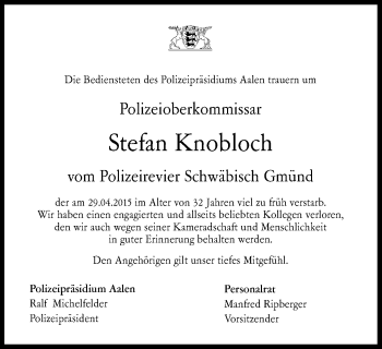 Traueranzeige von Stefan Knobloch von Schwäbische Post