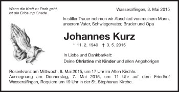 Traueranzeige von Johannes Kurz von Schwäbische Post