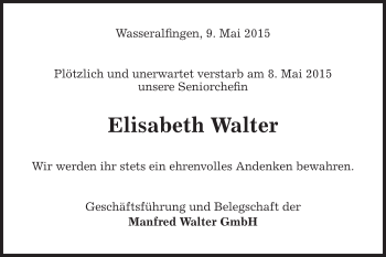Traueranzeige von Elisabeth Walter von Schwäbische Post