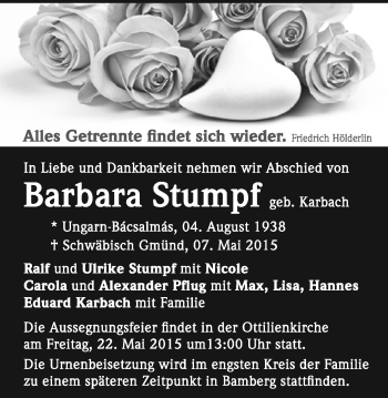 Traueranzeige von Barbara Stumpf von Gmünder Tagespost