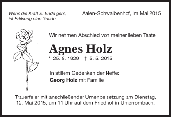 Traueranzeige von Agnes Holz von Schwäbische Post