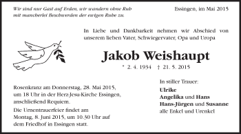 Traueranzeige von Jakob Weishaupt von Schwäbische Post