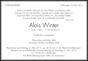 Traueranzeige von Alois Winter von Schwäbische Post